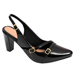 Scarpin Slingback Feminino Bico Fino e Salto Confortável com Fivelas Preto