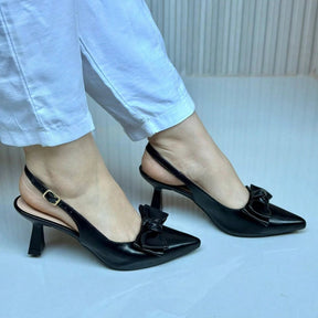 Scarpin Slingback Feminino Salto Médio Bico Fino com Laço Preto
