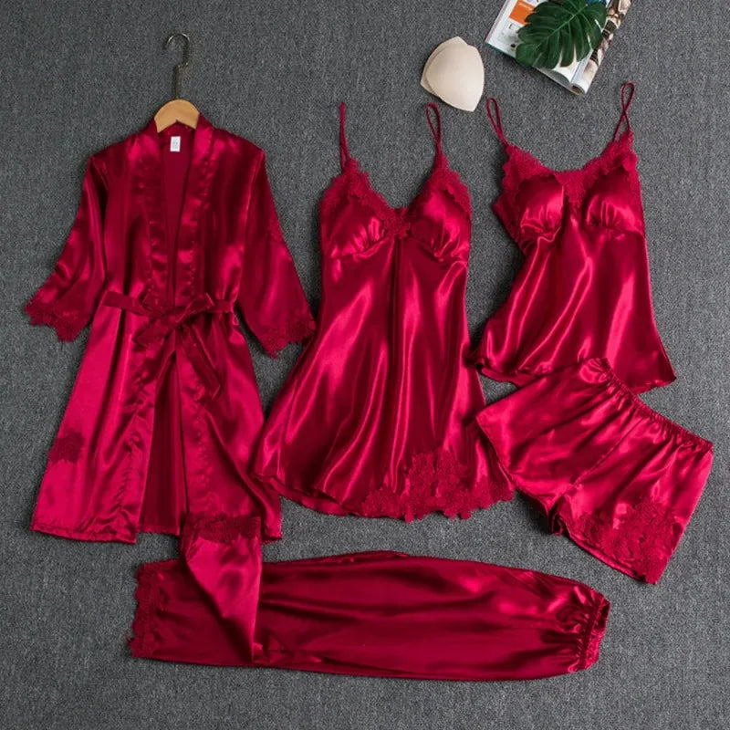 Conjunto de Pijamas e Robe Tecido Macio - 5 Peças