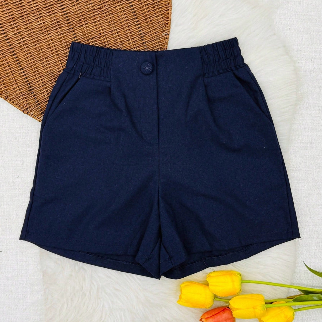 Shorts Feminino de Linho com Bolso e Elástico na Cintura Azul Marinho