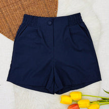 Shorts Feminino de Linho com Bolso e Elástico na Cintura Azul Marinho