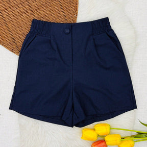 Shorts Feminino de Linho com Bolso e Elástico na Cintura Azul Marinho