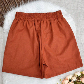 Shorts Feminino de Linho com Bolso e Elástico na Cintura Marrom