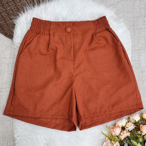 Shorts Feminino de Linho com Bolso e Elástico na Cintura Marrom