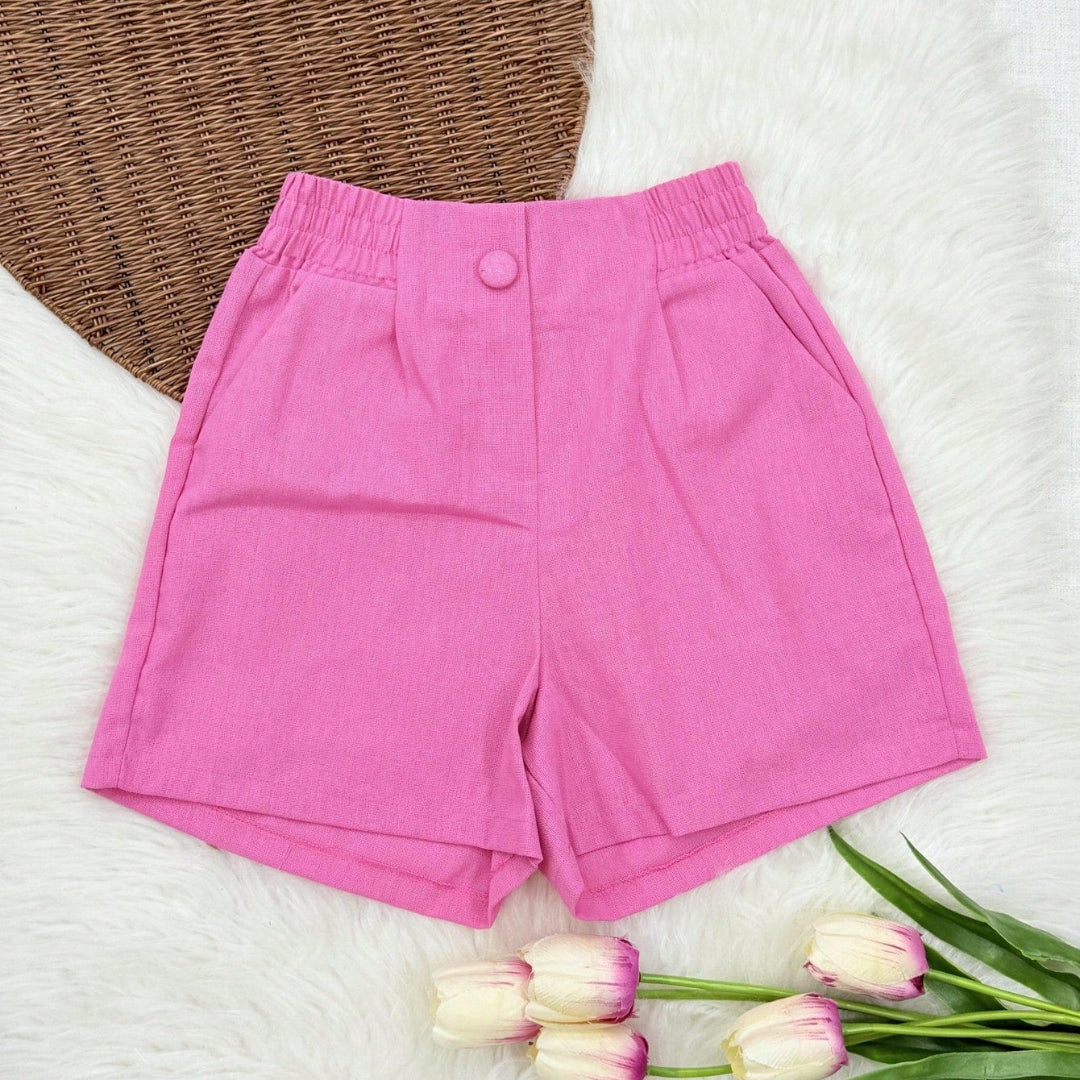 Shorts Feminino de Linho com Bolso e Elástico na Cintura Rosa
