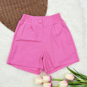 Shorts Feminino de Linho com Bolso e Elástico na Cintura Rosa