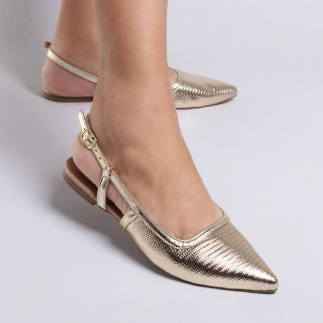Slingback Feminino Rasteira Bico Fino Confortável Sola Macia Dourado