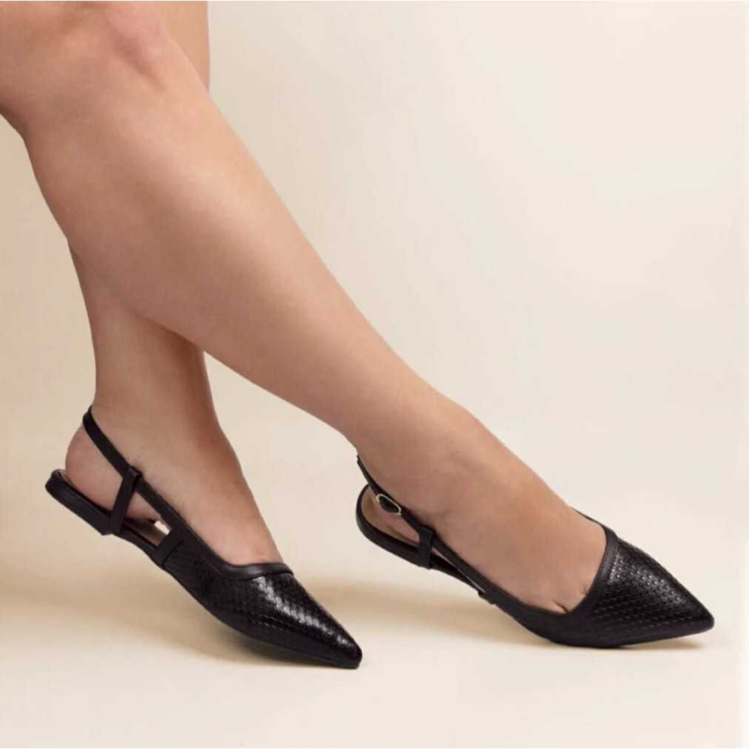 Slingback Feminino Rasteira Bico Fino Confortável Sola Macia Preto