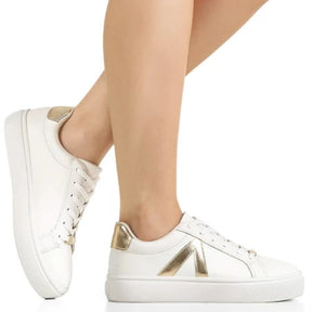 Tênis Feminino Casual Clássico Retrô Branco e Dourado