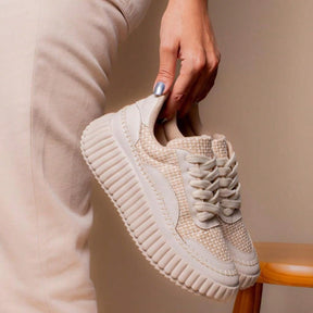 Tênis Feminino Casual Têxtil Confort com Amarração Bege