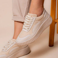 Tênis Feminino Casual Têxtil Confort com Amarração Bege