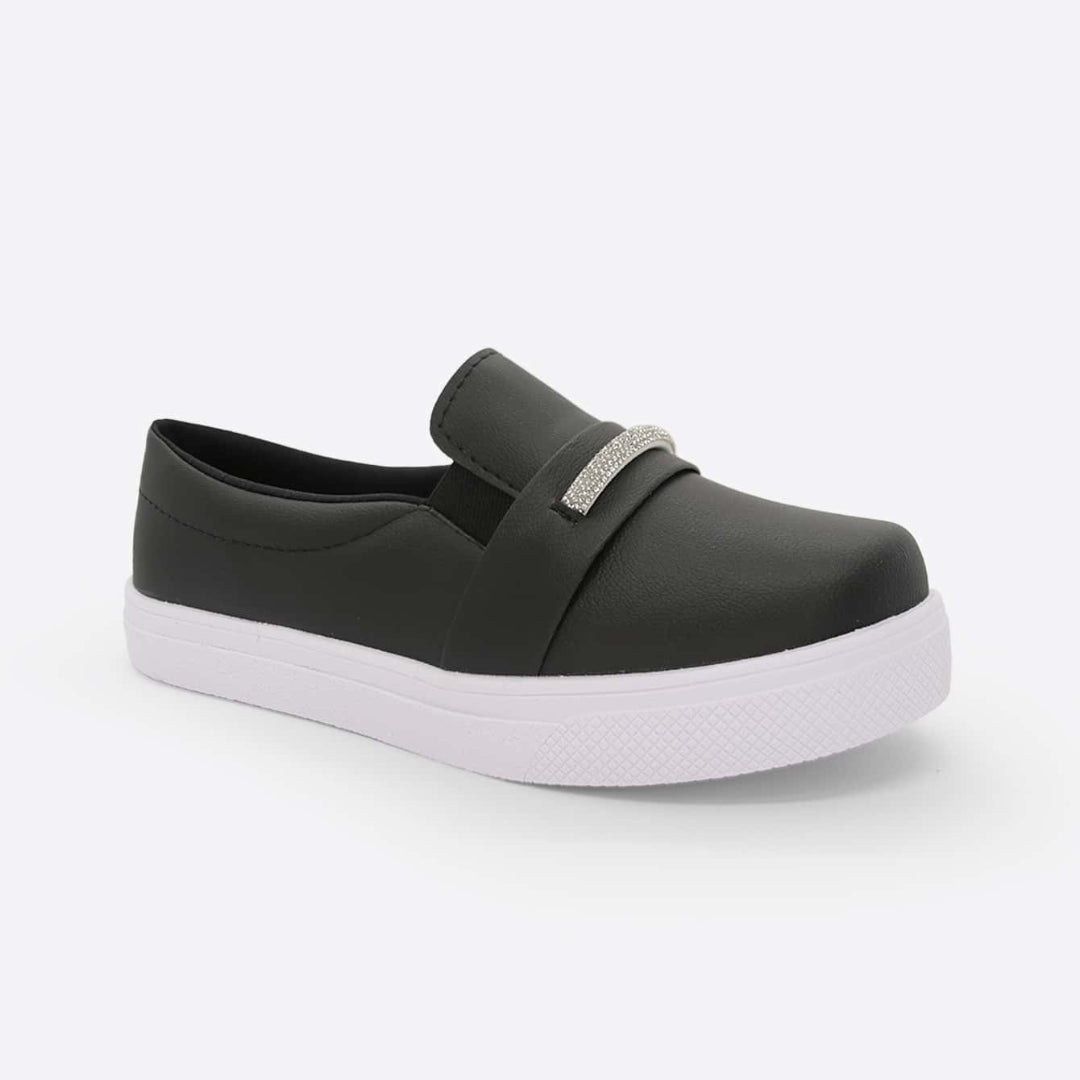 Tênis Slip On Feminino Calce Fácil e Detalhe em Brilho Preto