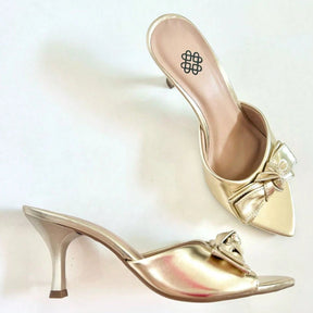 Tamanco Feminino Bico Folha Salto Fino Médio e Laço Dourado