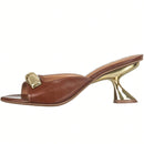 Tamanco Feminino Mule Salto Taça Metalizado e Enfeite Tira Dourado Elegante Caramelo