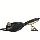 Tamanco Feminino Mule Salto Taça Metalizado e Enfeite Tira Dourado Elegante Preto