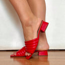 Tamanco Feminino Mule Slide Bico Quadrado Salto Bloco Baixo Vermelho