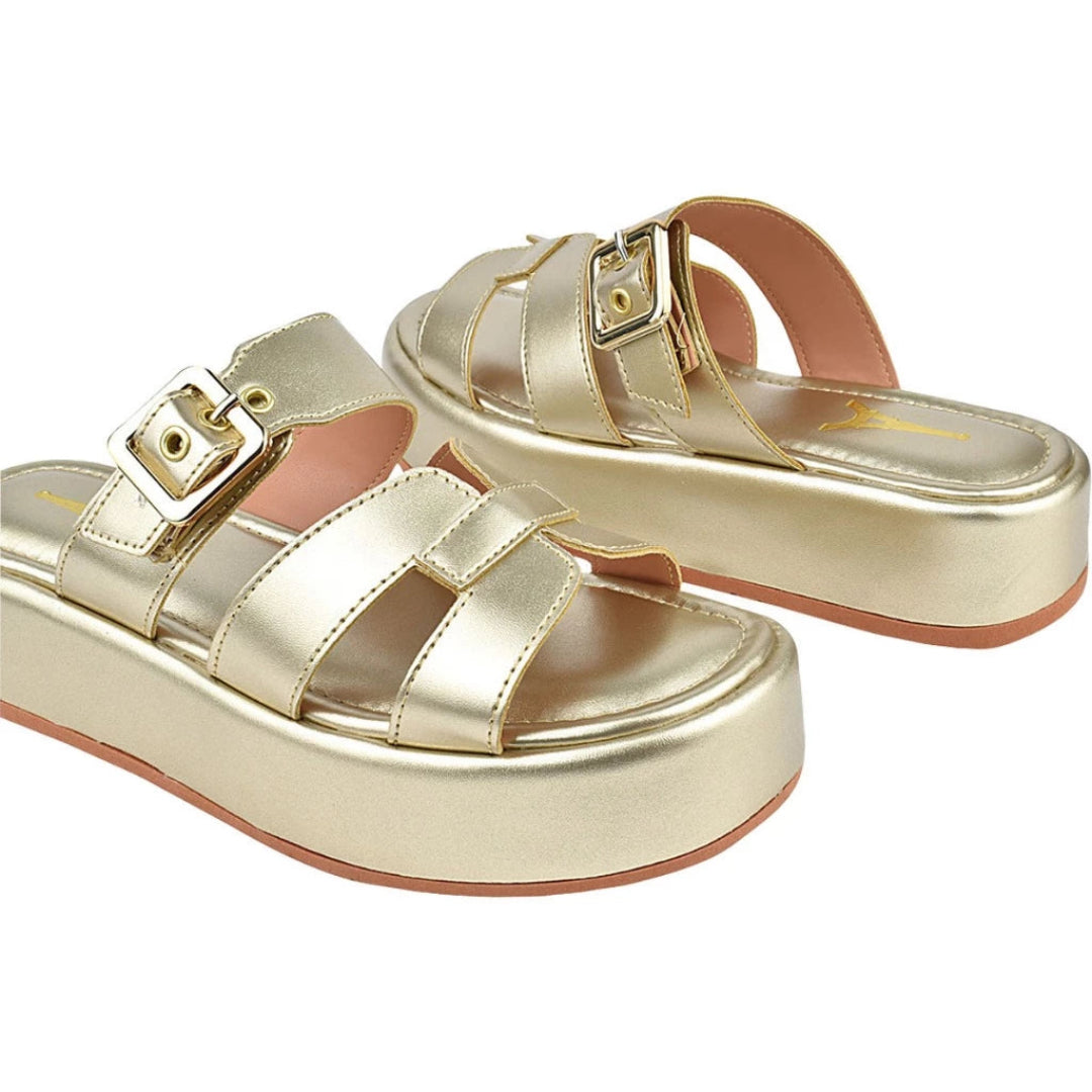 Tamanco Feminino Plataforma Flatform com Fivela Regulável Dourado