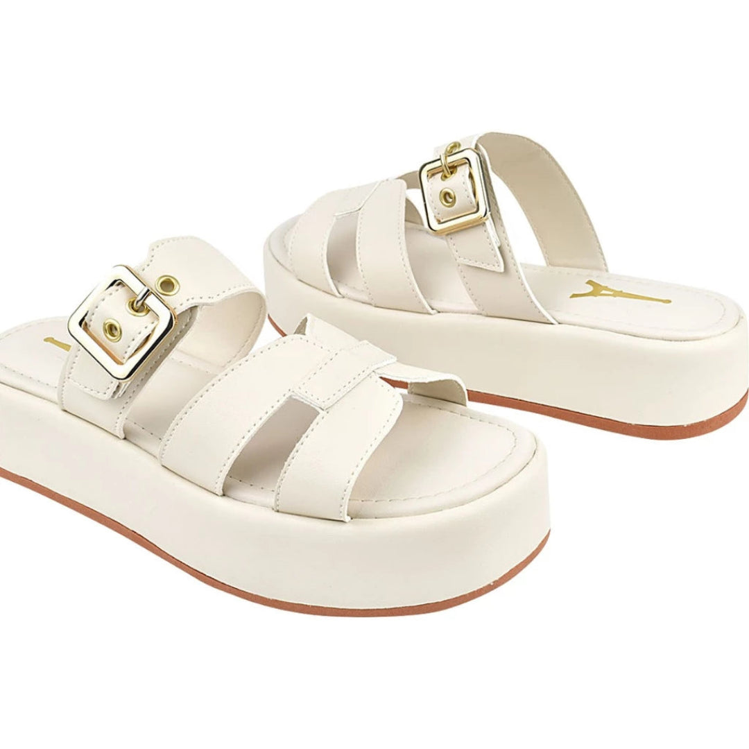 Tamanco Feminino Plataforma Flatform com Fivela Regulável Off White