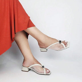 Tamanco Feminino Salto Bloco Baixo e Tela Transparente Chic Branco