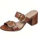 Tamanco Feminino Salto Bloco Tiras com Fivela Lateral Caramelo