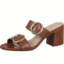 Tamanco Feminino Salto Bloco Tiras com Fivela Lateral Caramelo
