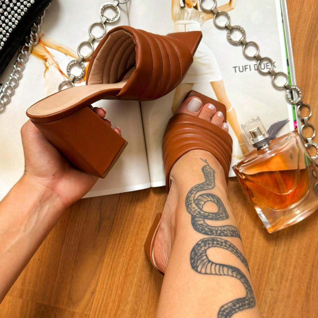 Tamanco Mule Feminino Salto Bloco Confortável Caramelo