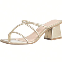 Tamanco Salto Bloco Bico quadrado e Tiras Dourado