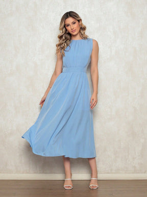 Vestido Feminino Midi em Crepinho - Cintura Marcada, Decote Discreto e Saia Solta Azul