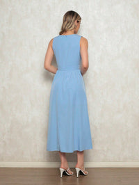 Vestido Feminino Midi em Crepinho - Cintura Marcada, Decote Discreto e Saia Solta Azul