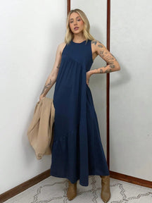 Vestido Longo Feminino sem Mangas em Malha Algodão Aveloz Azul