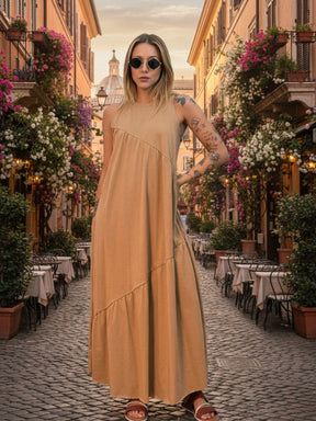 Vestido Longo Feminino sem Mangas em Malha Algodão Aveloz Bege