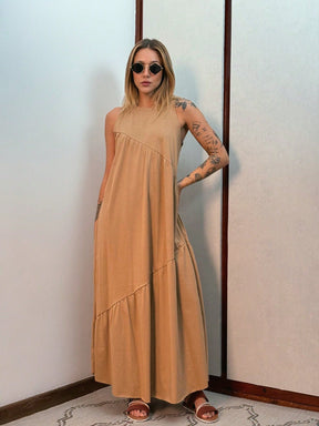 Vestido Longo Feminino sem Mangas em Malha Algodão Aveloz Bege