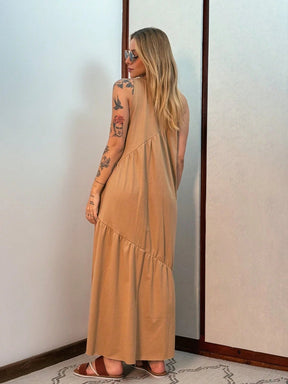 Vestido Longo Feminino sem Mangas em Malha Algodão Aveloz Bege