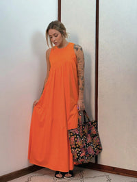 Vestido Longo Feminino sem Mangas em Malha Algodão Aveloz Laranja