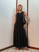 Vestido Longo Feminino sem Mangas em Malha Algodão Aveloz Preto