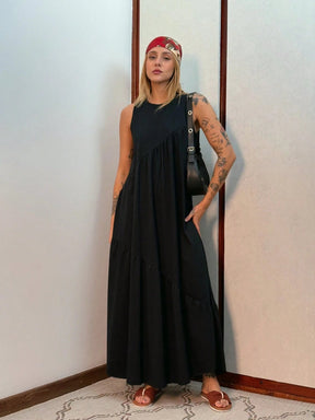 Vestido Longo Feminino sem Mangas em Malha Algodão Aveloz Preto