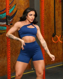 Conjunto Feminino Fitness Canelado - Short Cintura Alta e Top Ombro Único
