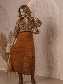Saia Longa Feminina em Tricot Rendada com Forro | Ponto Crochê Elegante e Confortável