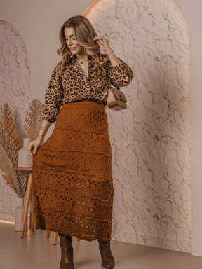 Saia Longa Feminina em Tricot Rendada com Forro | Ponto Crochê Elegante e Confortável
