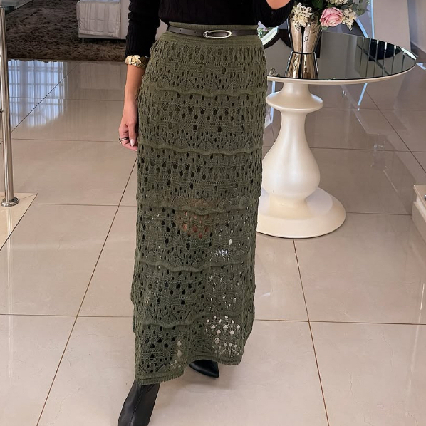 Saia Longa Feminina em Tricot Rendada com Forro | Ponto Crochê Elegante e Confortável