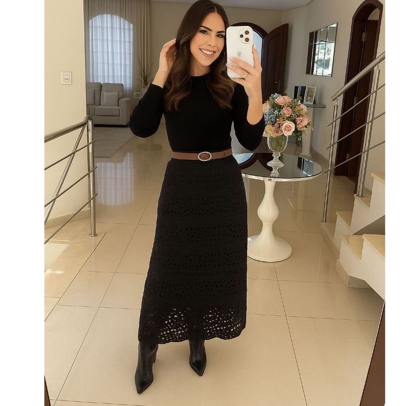 Saia Longa Feminina em Tricot Rendada com Forro | Ponto Crochê Elegante e Confortável
