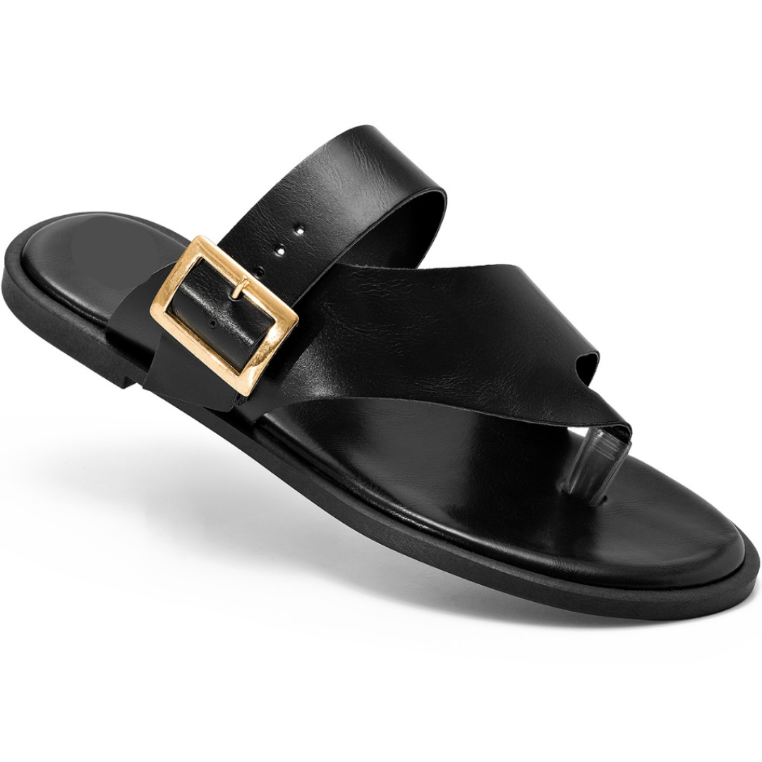 Rasteira Feminina Bico Redondo e Fivela Dourada Preta